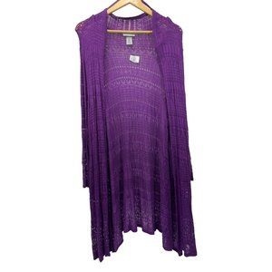 Catherines Cardigan Open Front Tunic Crocheted Open Knit Purple Womens 5X New